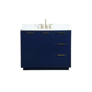 42 in. W Single Bath Vanity in Blue with Engineered Stone Vanity Top in Calacatta with White Basin with Backsplash