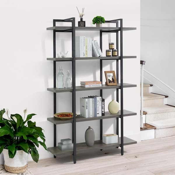 CAPHAUS 71 in. Tall Dark Grey Engineered Wood 5-Shelf Bookcase with Open Display Shelves