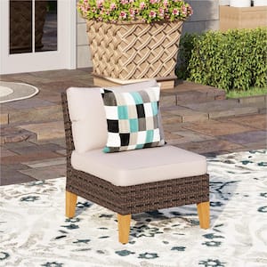 Dark Brown Rattan Wicker Outdoor Patio Armless Lounge Chair with Beige Cushion