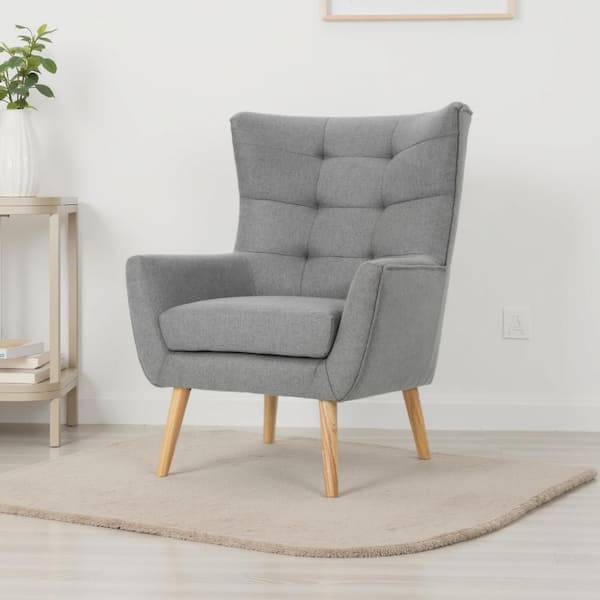 Benjara Ranie Gray Button Tufted Polyester Accent Club Chair with Rubberwood Legs