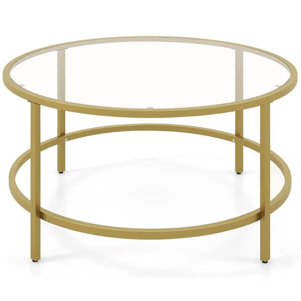 Costway 36 in. Golden Round Tempered Glass Tabletop Coffee Table Metal Frame Living Room