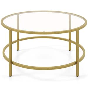 36 in. Golden Round Tempered Glass Tabletop Coffee Table Metal Frame Living Room