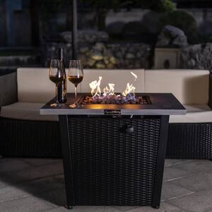 32 in. W x 25 in. H Square Steel Wicker Base Propane Fire Pit with Table Top in Grey