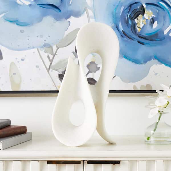 Litton Lane White Polystone Wavy Shaped Abstract Sculpture with Cutouts and Speckled Texturing