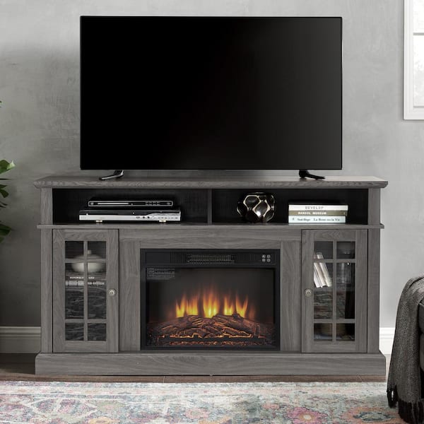 ToolCat 58.25 in. Freestanding Classic TV Stand with 23 in. Electric Fireplace Insert, Storage Space, Dark Walnut