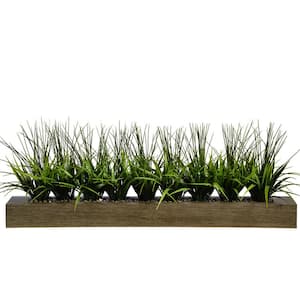 13 in. Tall Green Grass Artificial Indoor/ Outdoor Decorative Greenery in Taupe Wood Pot