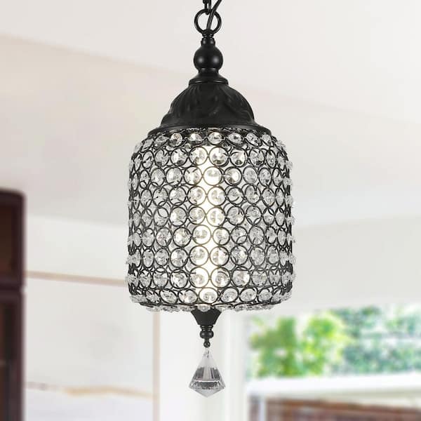 Nortex 1-Light Matte Black Adjustable Glam Crystal Pendant Light with Polished Iron Finish and LED Illumination