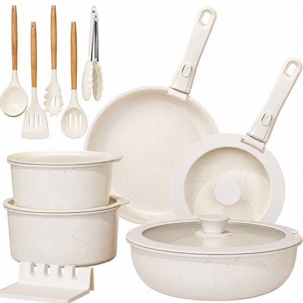21-Piece Cream White Nonstick Aluminum Stackable Cookware Set with Removable Handle, Induction and Oven Safe