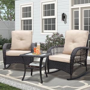 3-Piece Brown Wicker Patio Conversation Set with Beige Cushions, Rocking Chair with Glass Top Side Table