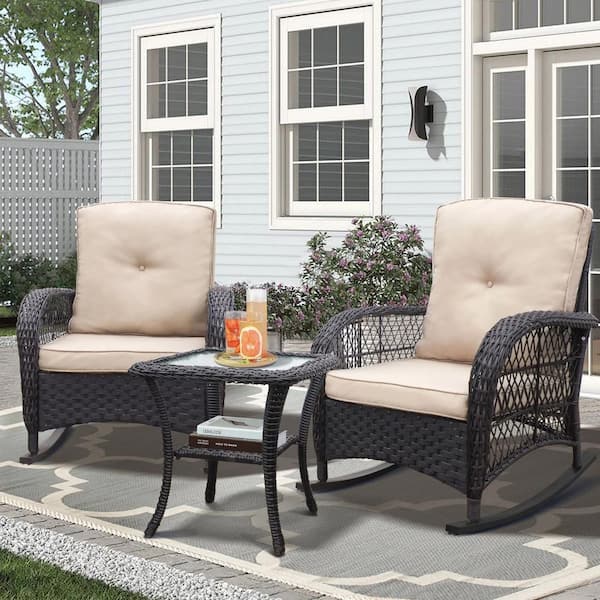 Zeus & Ruta 3-Piece Brown Wicker Patio Conversation Set with Beige Cushions, Rocking Chair with Glass Top Side Table