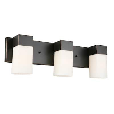 Ciara Springs 22.01 in. W x 7.01 in. H 3-Light Oil Rubbed Bronze Bathrooom Vanity Light with Frosted Glass Square Shades