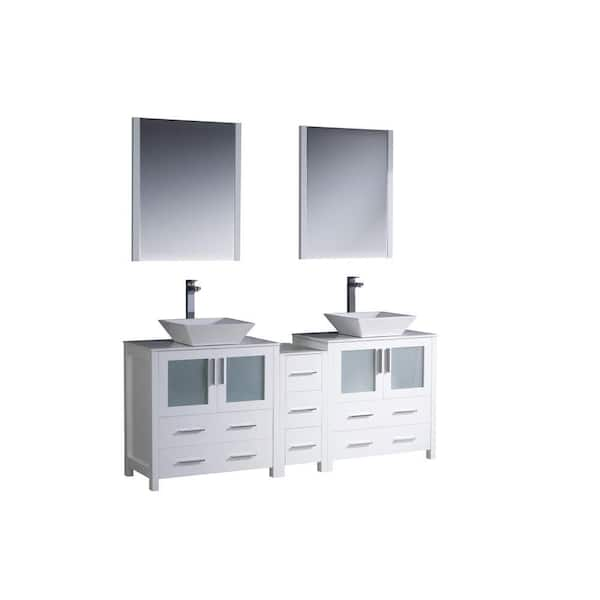 Fresca Torino 72 in. Double Vanity in White with Glass Stone Vanity Top in White with White Basins and Mirrors