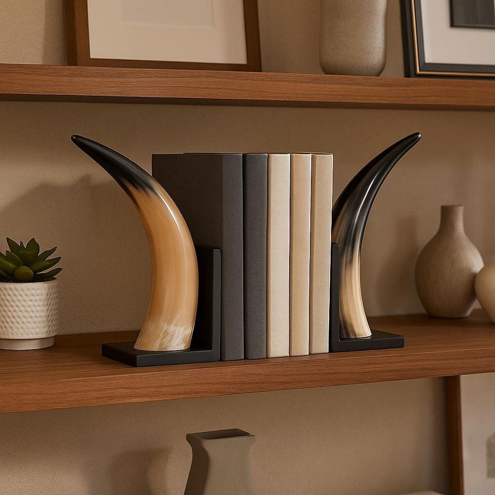 Brown/Black 6 in. x 14 in. Resin Decorative Curved Horn Bookends (Set of 2)