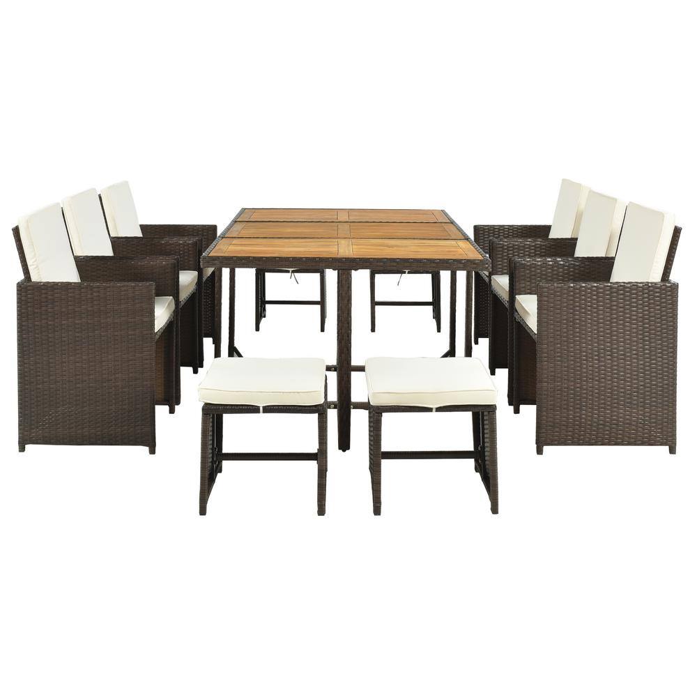 11-Piece Wicker Outdoor Dining Table Set with Wood Tabletop and Beige Cushi