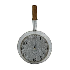 Rustic Fry Pan Wall Clock-Galvanized Iron and Wood Design Decor, Vintage Decorative Metal Hands-for Farmhouse, Kitchen