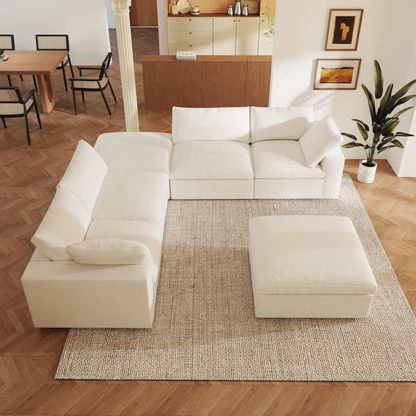 157 in. Square Arm 6-Piece Linen U-shaped Sectional Sofa Cloud Couch in White with Storage Ottomans