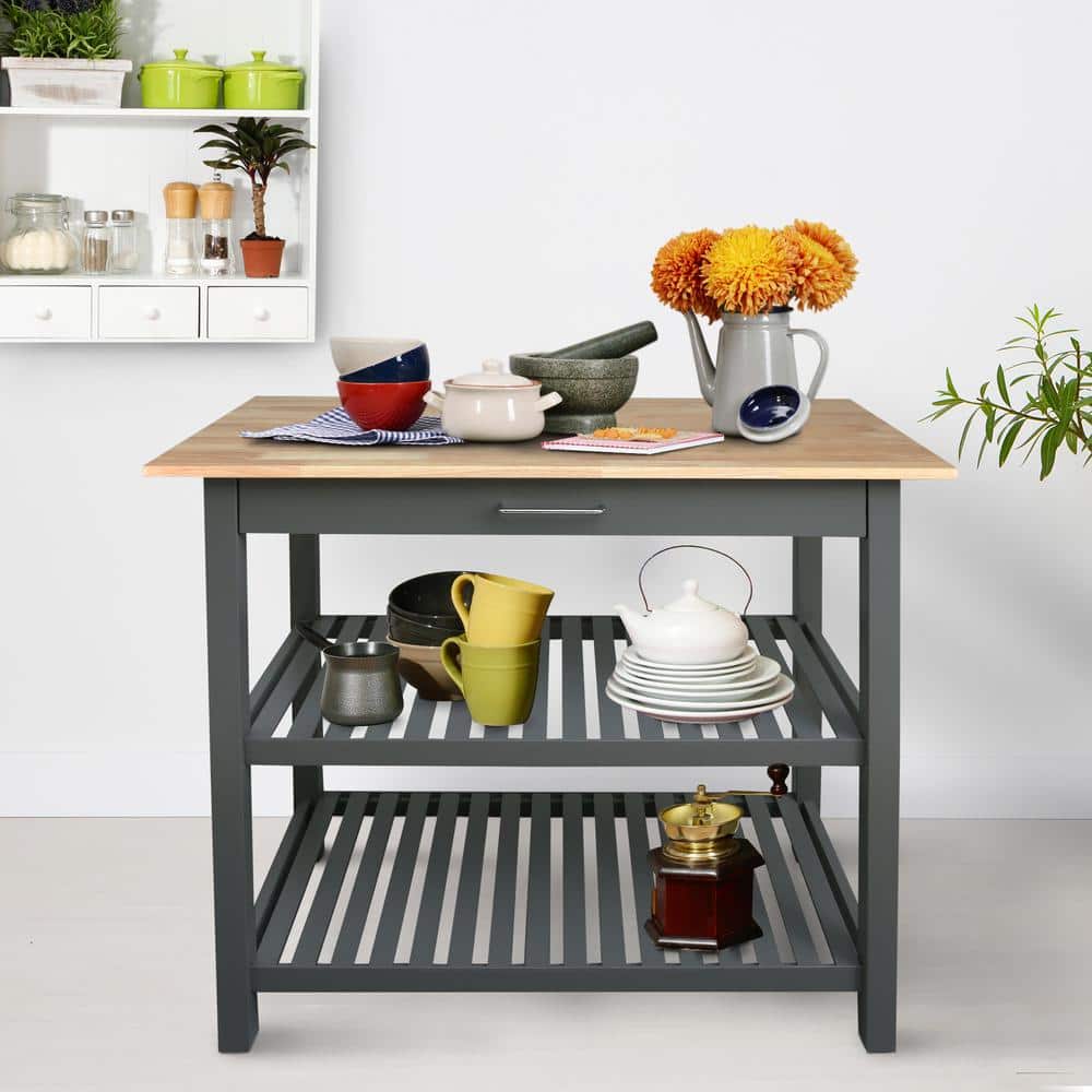 Slate Gray Kitchen Island with Natural Hardwood Top
