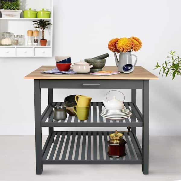 Slate Gray Solid Wood Counter Top 40 in. Kitchen Island Bar Station with Drawer and Shelves