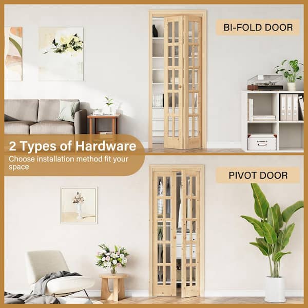 36 in. x 80 in. 10-Lite Clear Glass Solid Core Unfinished Pine Wood Bi-Fold Door or Pivot Door W/ 2-Type of Hardware
