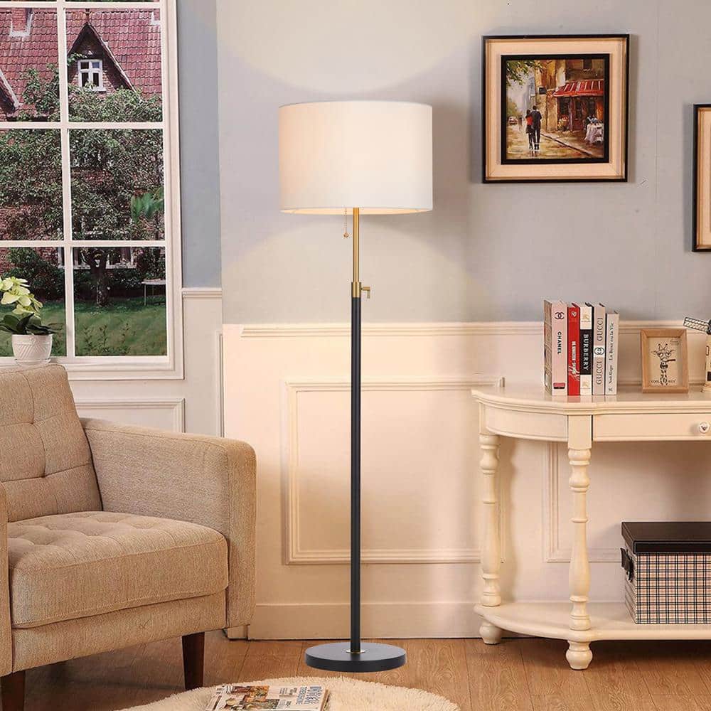 64.5" Adjustable Black Metal Floor Lamp with White Drum Shade