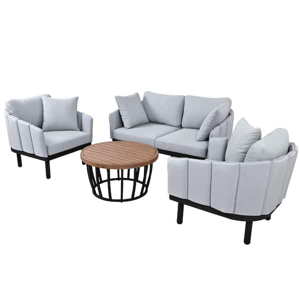 Zeus & Ruta 4-Piece Black Iron Patio Conversation Set with Gray Cushions and 1 Acacia Wood Round Coffee Table