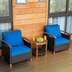 Brown 3-Piece Wicker Round 19 in. Outdoor Bistro Set Acacia Wood Frame Sofa and Side Table with Blue Cushions