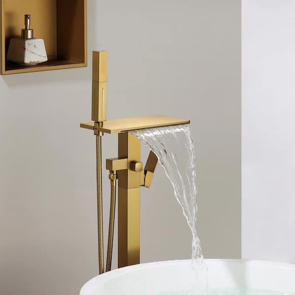 Single-Handle Floor Mount Claw Foot Tub Faucet with Waterfall Spout and 2-Function Handheld Shower in Brushed Gold