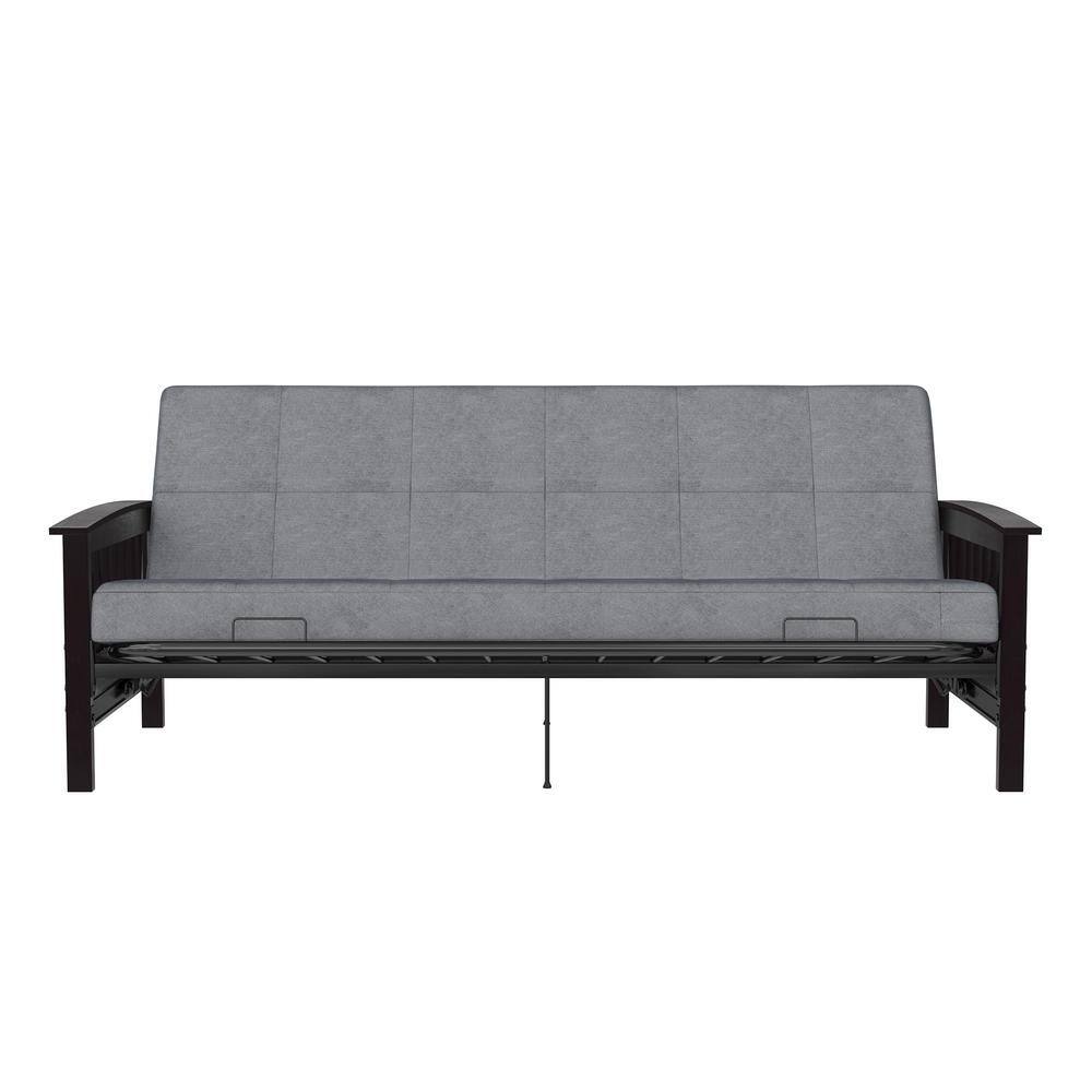 Gray Linen Reclining Futon with Dark Wood Arms and Metal Frame