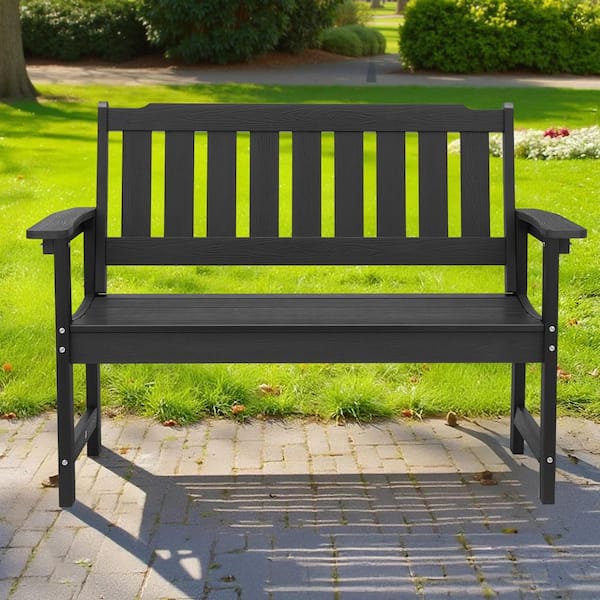 Outdoor Bench, 24.4 in., 800 lbs. Weight Capacity for 2-3 Persons, Black, Plastic Outdoor Bench, Weatherproof