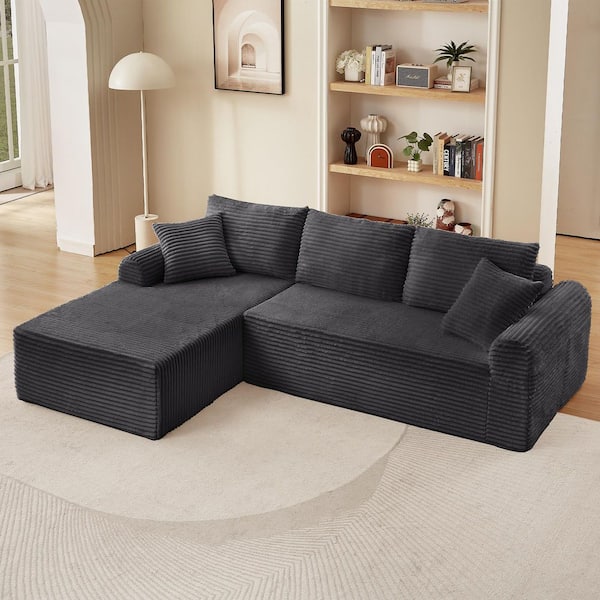 103 in. Corduroy Full Compression Sectional Sofa in Dark Gray, No Assemble Required