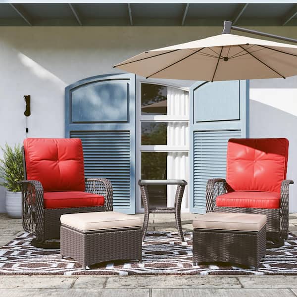 SUNMTHINK 5-Piece Wicker Outdoor Patio Conversation Set with Swivel Rocking Chair, Ottomans and Red Cushions, Recliner