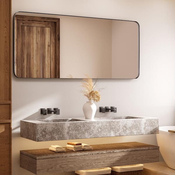 72 in. W x 32 in. H Tempered Glass Rectangular Framed Wall-Mounted Bathroom Vanity Mirror in Black