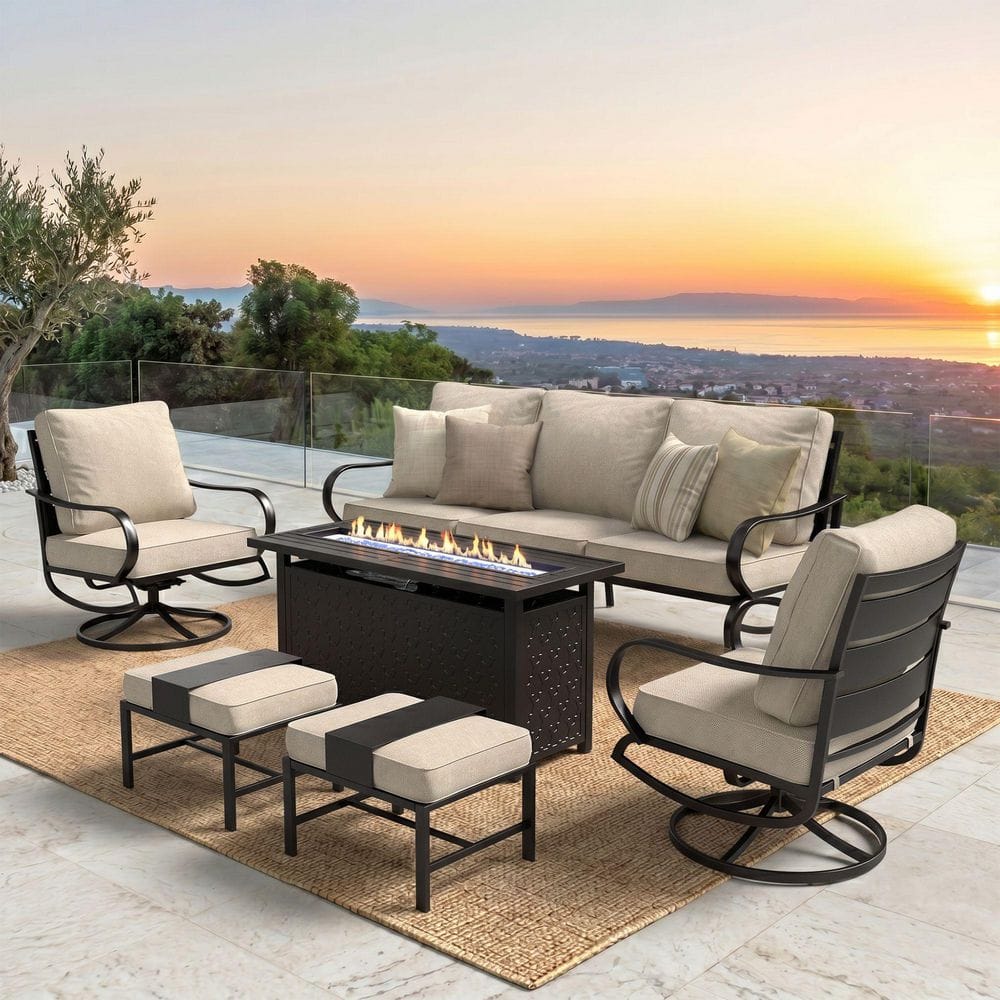 PHI VILLA Black Metal Slatted 7 Seat 6-Piece Steel Outdoor Fire