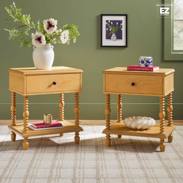 Modern Farmhouse Easy Assembly Natural 1-Drawer 22 in. W Solid Wood Spindle-Detailing Nightstand, Set of 2