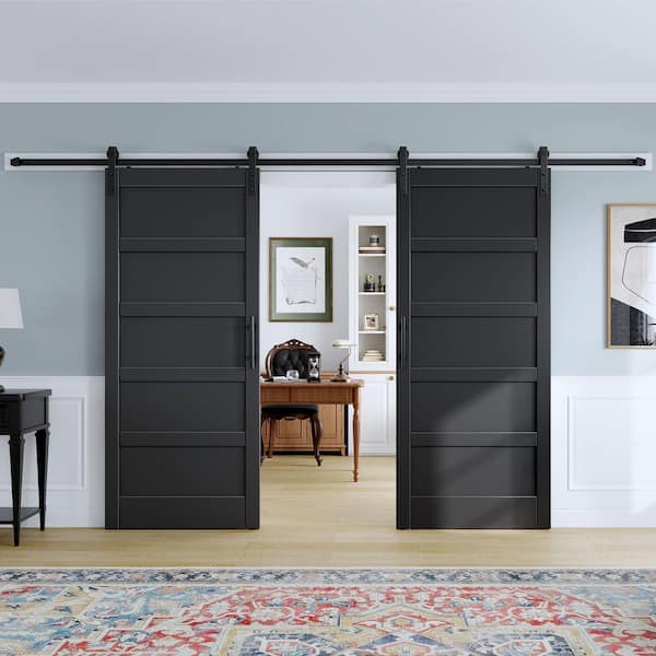 72 in. x 96 in. (Double 36 in.) 5-Panel Black Finished MDF Wood Interior Sliding Barn Door with Hardware Kit