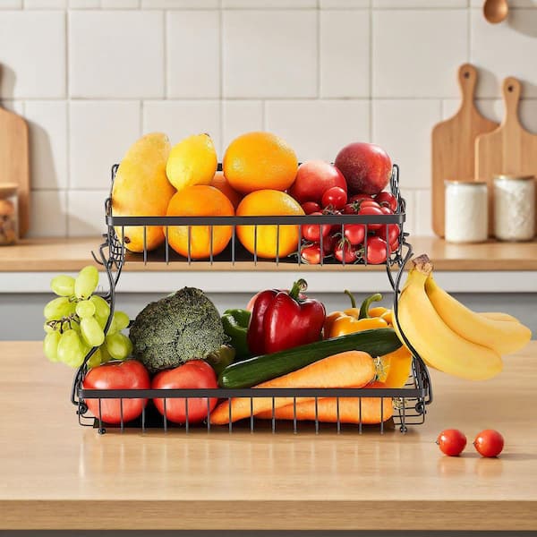 2-Tier Fruit Basket Bowl Kitchen Countertop Storage Stand Holder Banana Hanger