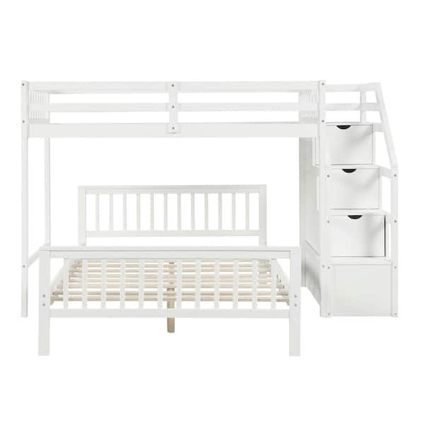 ANBAZAR White Detachable L-Shaped Bunk Beds with Storage Stairs, Wood Twin Loft Bed with FulL Platform Bed Frame and Staicases