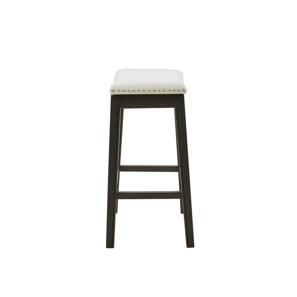 Cream Upholstered Saddle Counter Stool with Dark Wood Frame