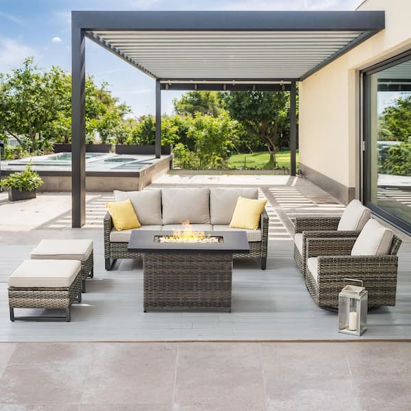 U-Weave 6-Piece Gray Wicker Outdoor Rectangular Fire Pit Conversation Set with Beige Cushions and Swivel Rocking Chairs
