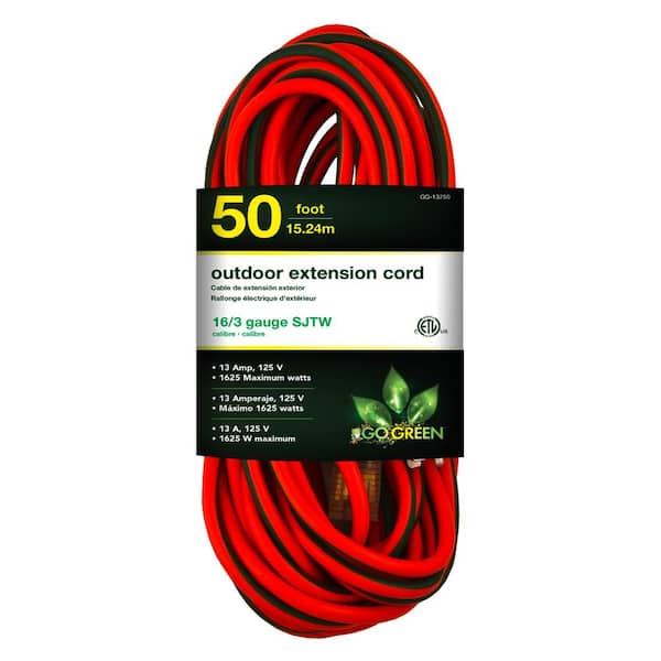 GoGreen Power 50 ft. 16/3 SJTW Outdoor Extension Cord - Orange with Lighted Green Ends