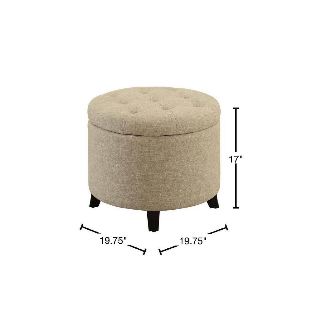 Tan Fabric Tufted Round Ottoman with Concealed Storage, 20"
