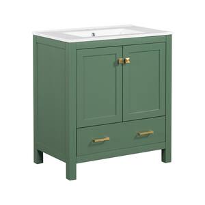 30 in. W Freestanding Bath Vanity in Green with White Ceramic Top with 2-Doors and a Drawer