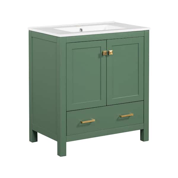 Cesicia 30 in. W Freestanding Bath Vanity in Green with White Ceramic Top with 2-Doors and a Drawer