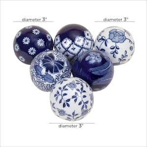 Blue Ceramic Glossy Decorative Orbs & Vase Filler with Varying Patterns (6- Pack)