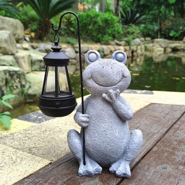 6 in. x 9 in. Gray Resin Frog Solar Garden Statue with Solar