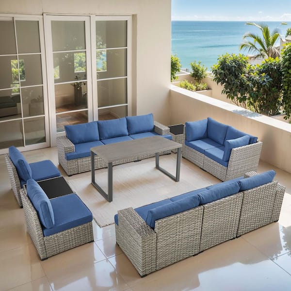 ModNest Taupe 13-Piece Wicker Patio Conversation Set, Modular Sofa Set with Navy Blue Cushions and Dining Table