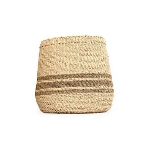 Concave Hand Woven Wicker Seagrass and Palm Leaf with Dark Pin Stripes Medium Basket
