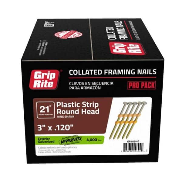 Grip-Rite 3 in. x 0.120 in. 21° Plastic Collated Hot Galvanized Ring Shank Framing Nails 4000 per Box