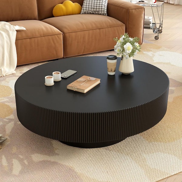 Black 31.5 in. Elegant Round MDF Coffee Table with 6.8" Thick Tabletop, Minimalist Fluted Center Table with Sturdy Base