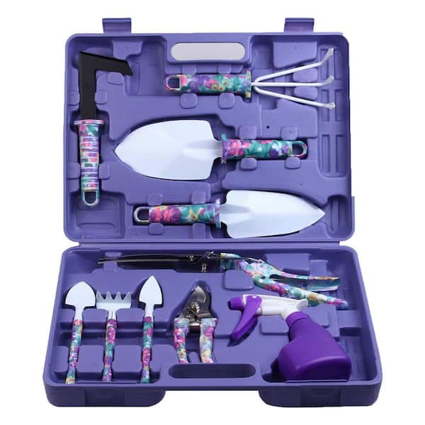 10-Piece Garden Tool Set with Floral Print Ergonomic Handles Includes Trowel Rake Shears Case Gift for Women